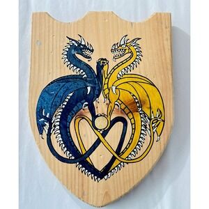 Vintage Wooden Midevil Shield Intertwining Gold Blue Dragons Heart Shaped